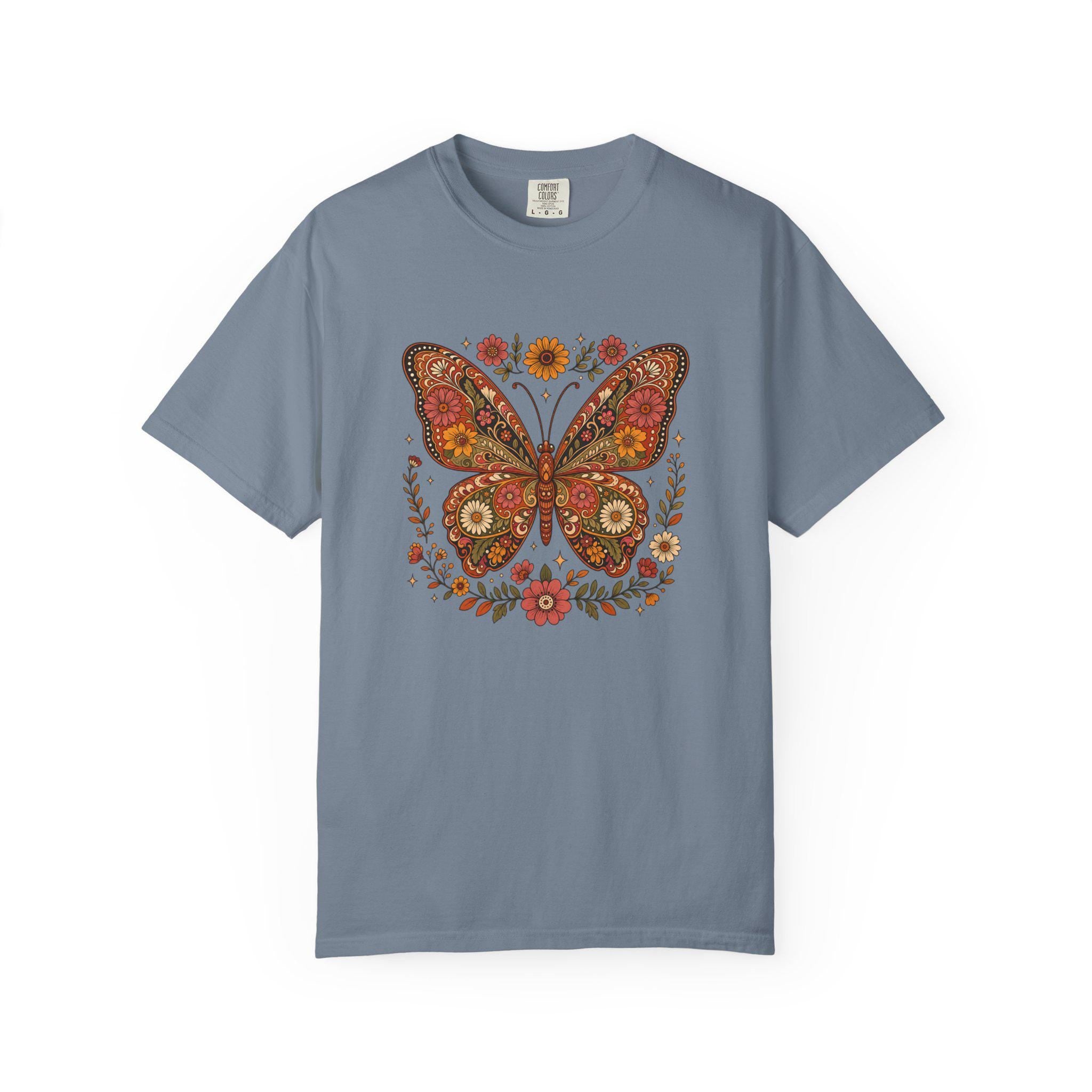 Boho Butterfly Wildflower T-Shirt, Cottagecore Floral Tee, Nature Lover Shirt, Vintage Botanical Comfort Colors Tee, Meadow Gift
