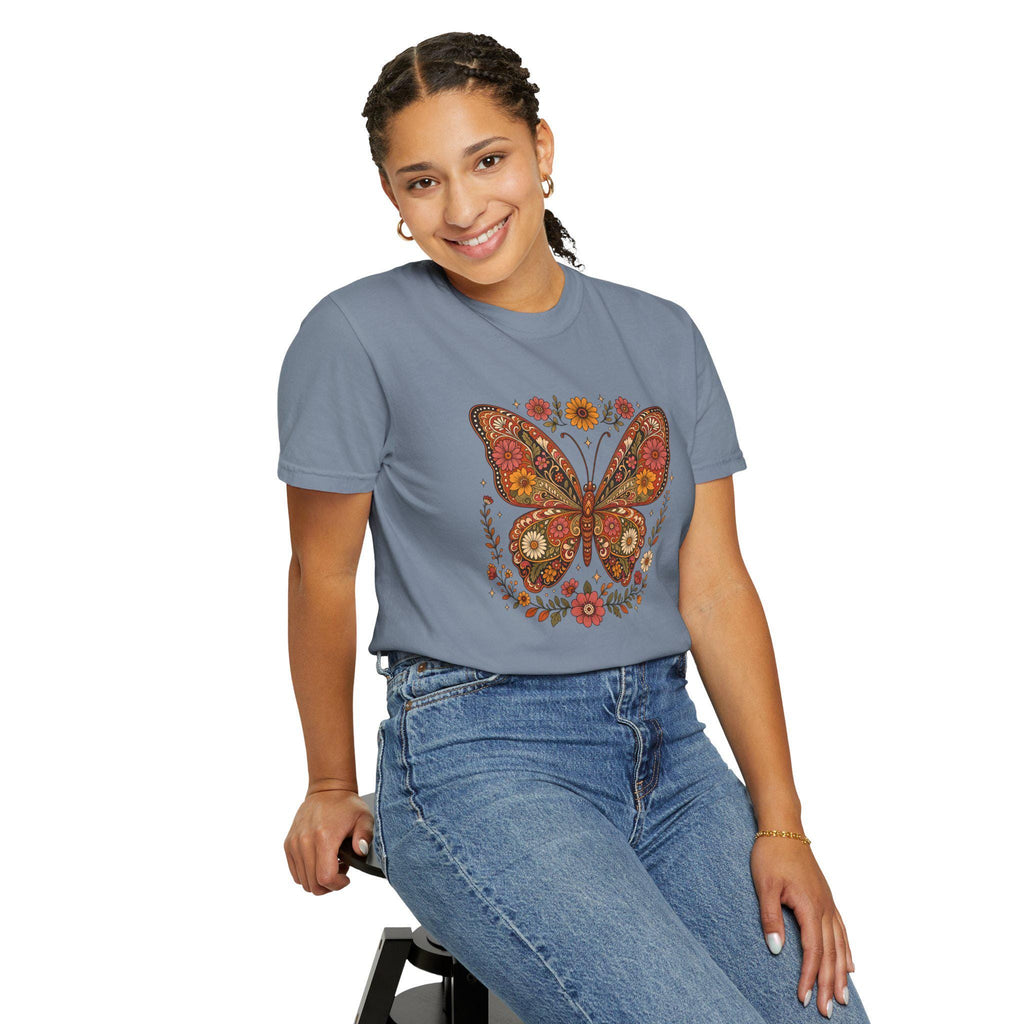 Boho Butterfly Wildflower T-Shirt, Cottagecore Floral Tee, Nature Lover Shirt, Vintage Botanical Comfort Colors Tee, Meadow Gift