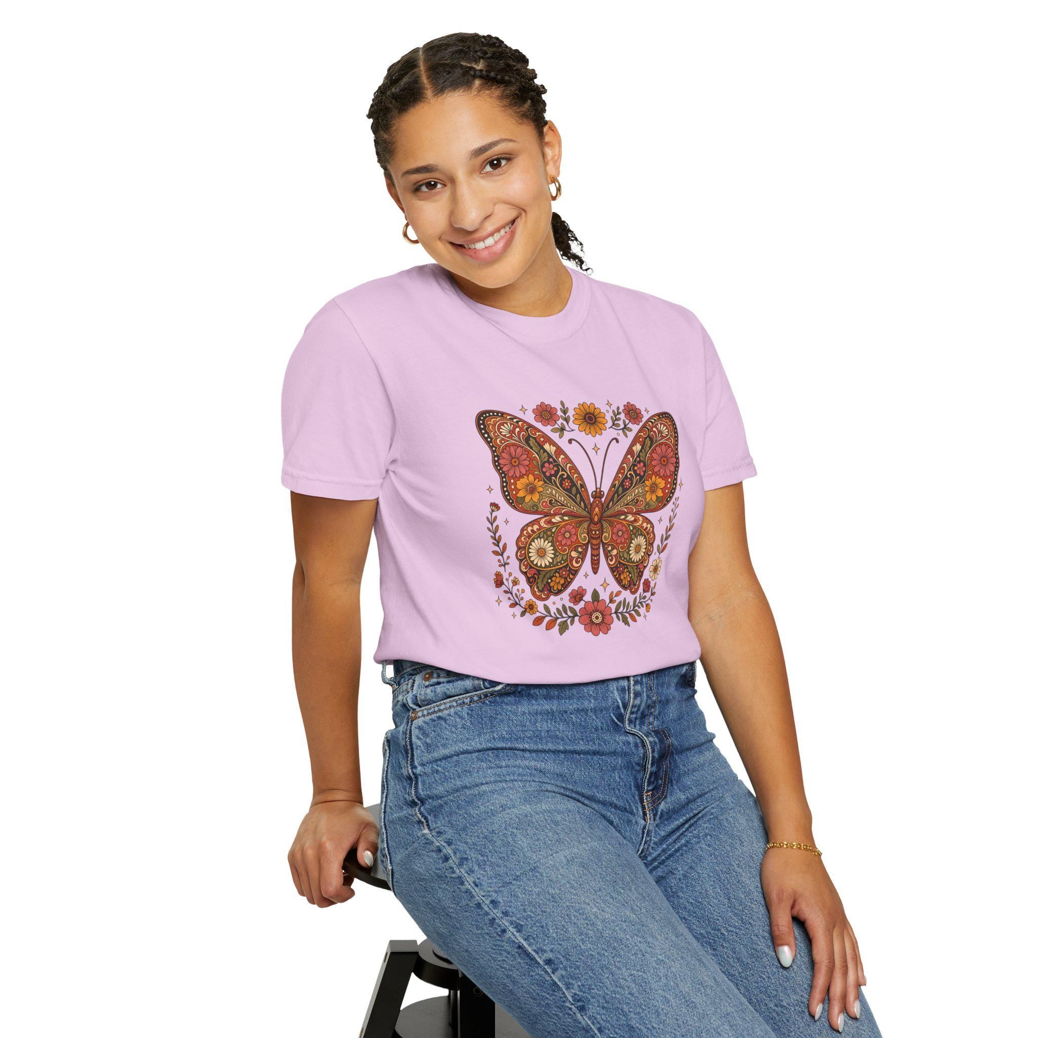 Boho Butterfly Wildflower T-Shirt, Cottagecore Floral Tee, Nature Lover Shirt, Vintage Botanical Comfort Colors Tee, Meadow Gift