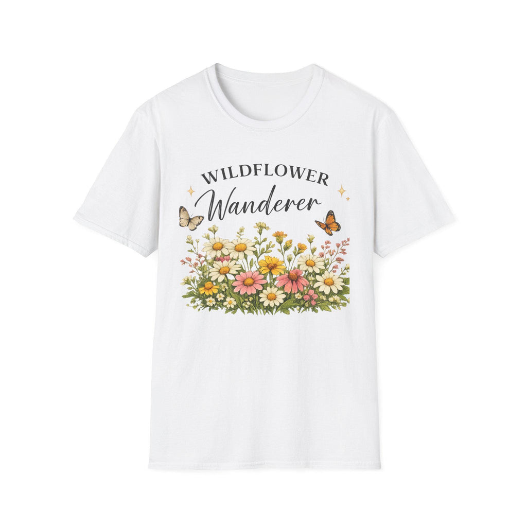 A white t-shirt with a graphic of colorful wildflowers and butterflies, with the text "WILDFLOWER Wanderer" above, shown flat against a white background.
