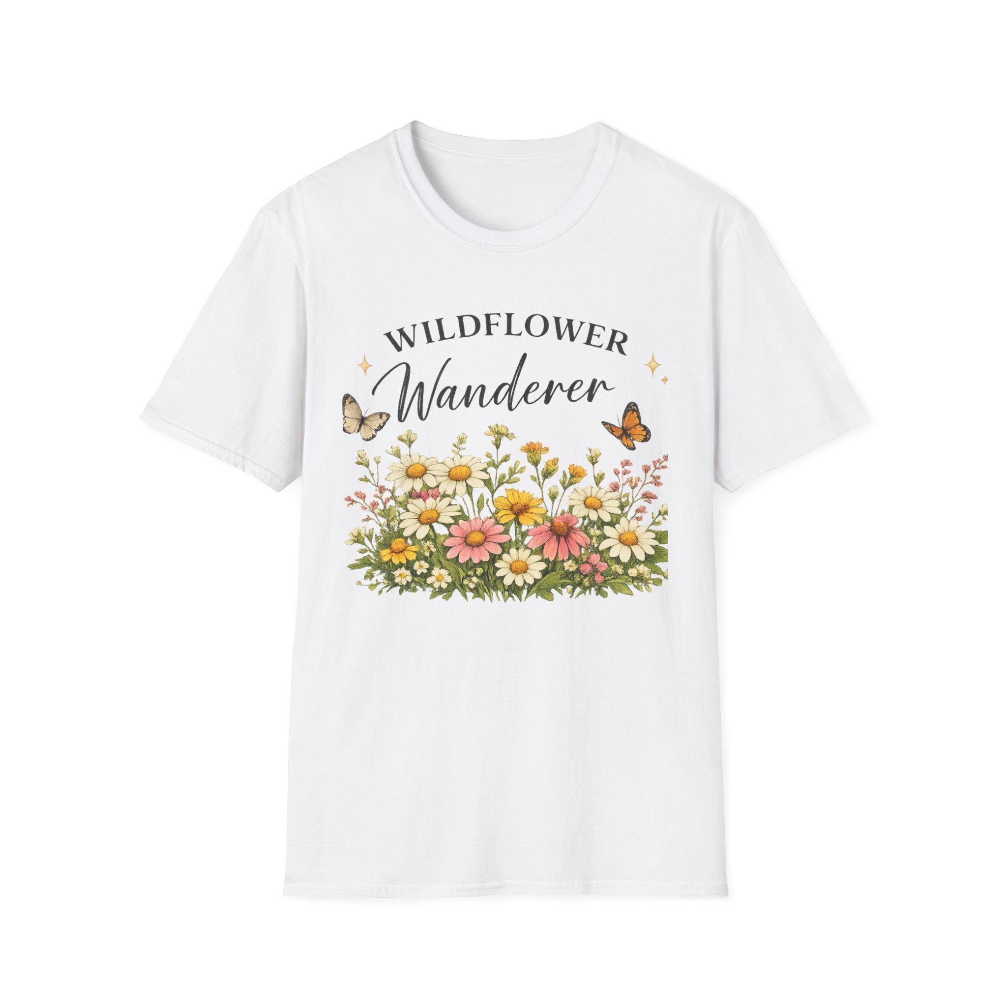 A white t-shirt with a graphic of colorful wildflowers and butterflies, with the text "WILDFLOWER Wanderer" above, shown flat against a white background.