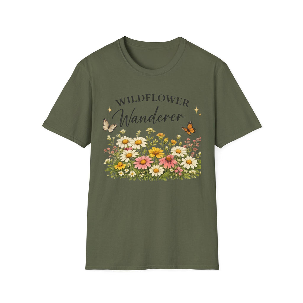 A dark green t-shirt with a graphic of colorful wildflowers and butterflies, with the text "WILDFLOWER Wanderer" above, shown flat against a white background.