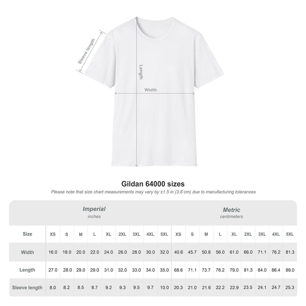 A Gildan 64000 t-shirt size chart in imperial and metric measurements, showing width, length, and sleeve length for sizes XS to 5XL.