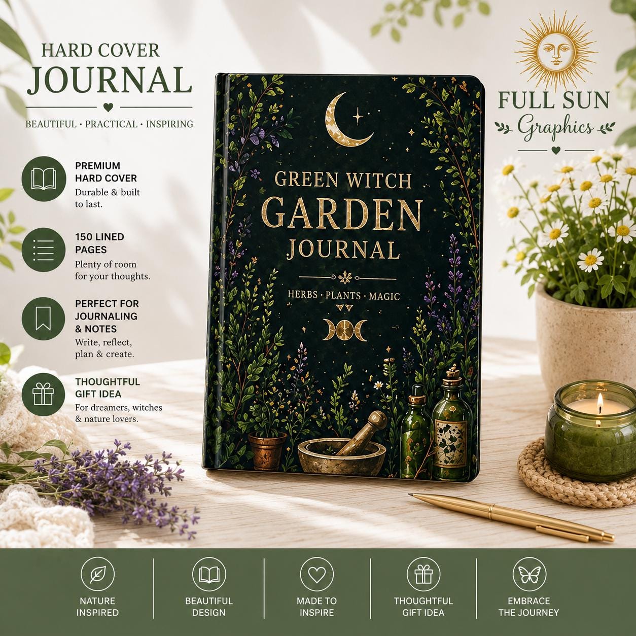 Green Witch Garden Journal Hardcover | Herbs Plants Magic Notebook,Plant lover Journal