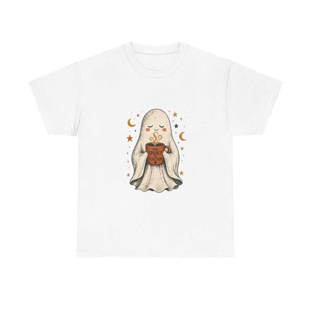 Cozy Ghost Holding Pumpkin Mug Tee | Halloween Cute Ghost Shirt