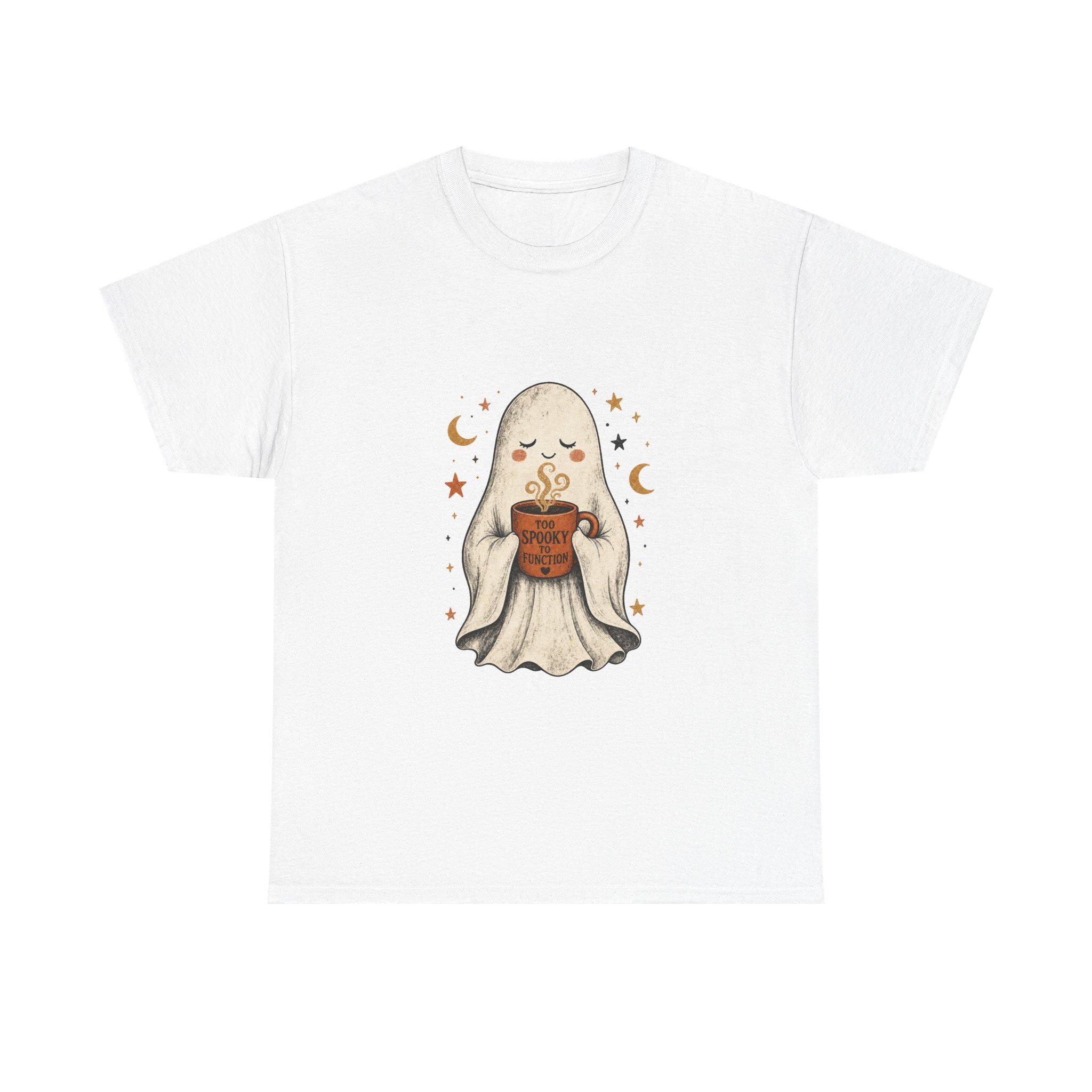 Cozy Ghost Holding Pumpkin Mug Tee | Halloween Cute Ghost Shirt