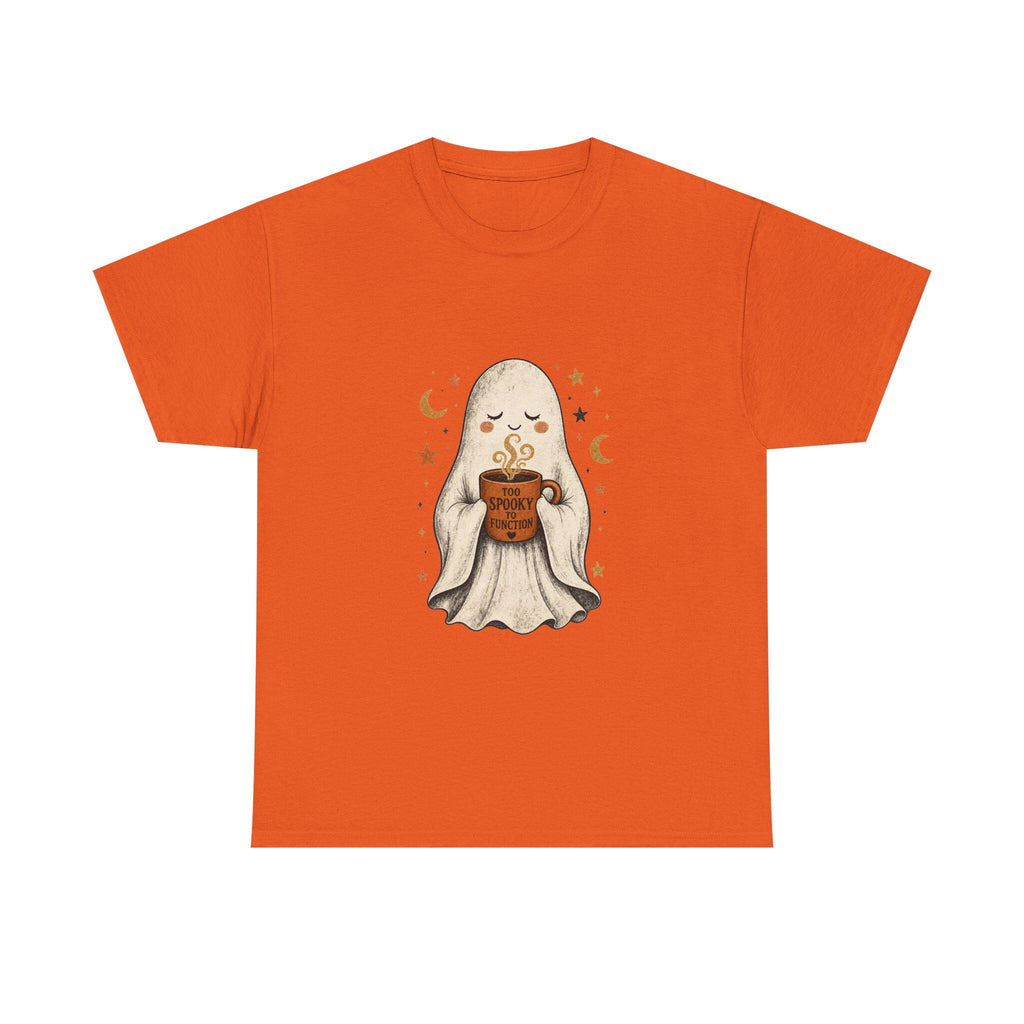 Cozy Ghost Holding Pumpkin Mug Tee | Halloween Cute Ghost Shirt