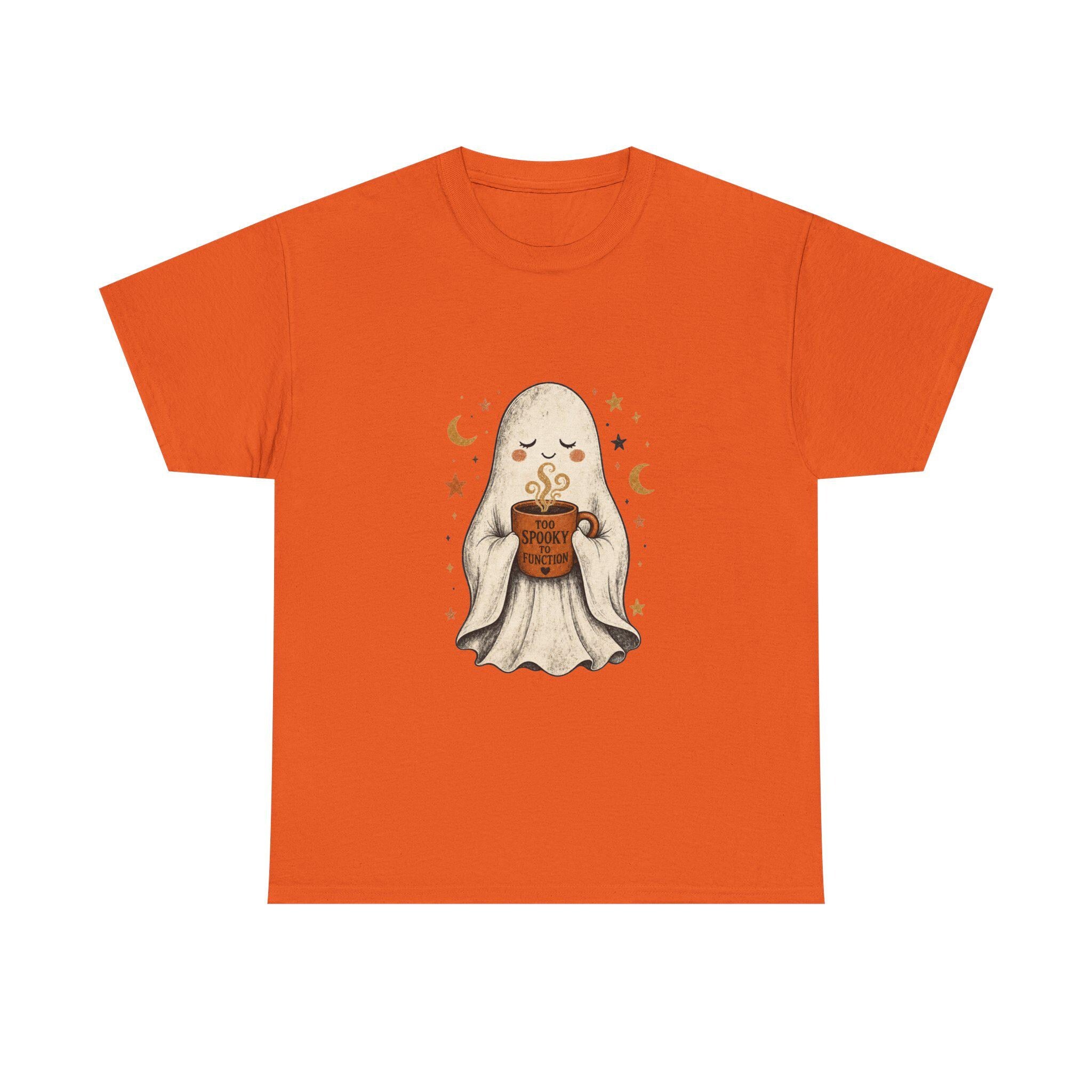 Cozy Ghost Holding Pumpkin Mug Tee | Halloween Cute Ghost Shirt