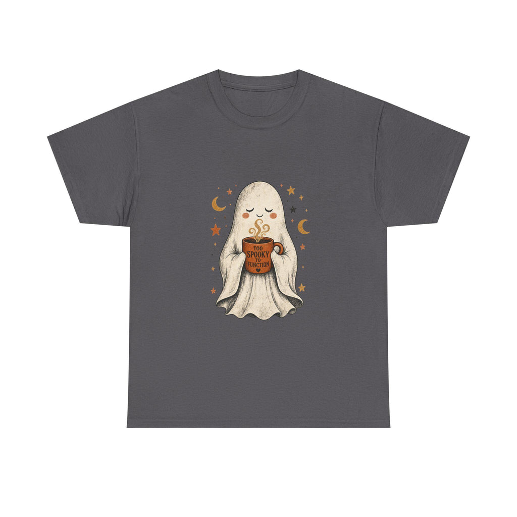 Cozy Ghost Holding Pumpkin Mug Tee | Halloween Cute Ghost Shirt
