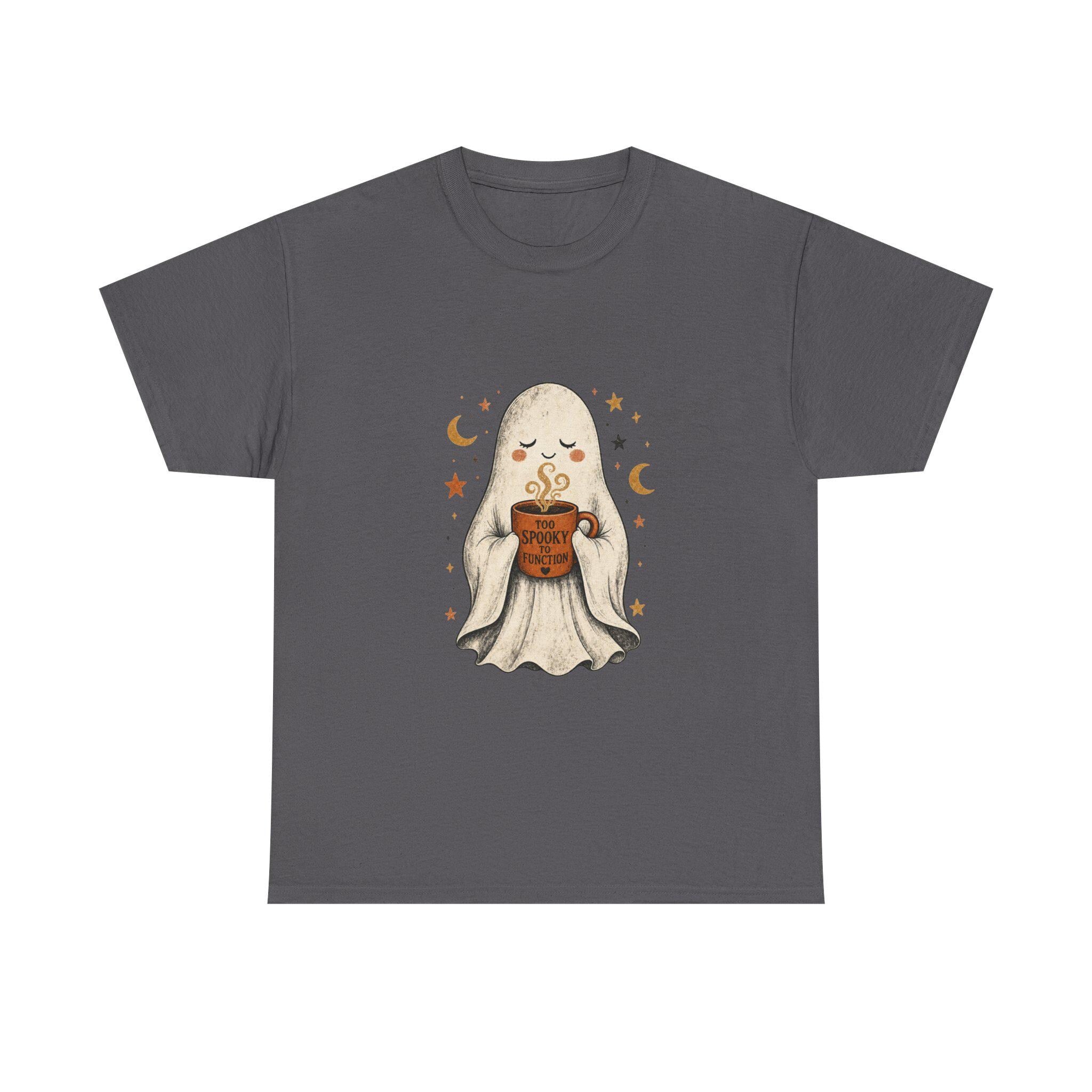 Cozy Ghost Holding Pumpkin Mug Tee | Halloween Cute Ghost Shirt