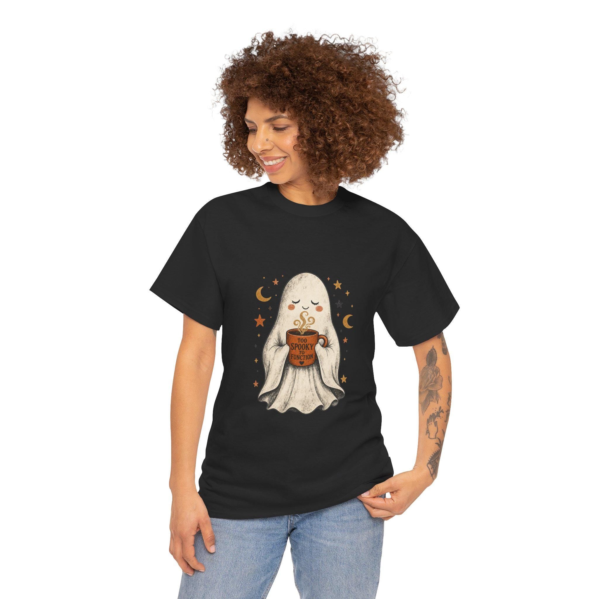 Cozy Ghost Holding Pumpkin Mug Tee | Halloween Cute Ghost Shirt