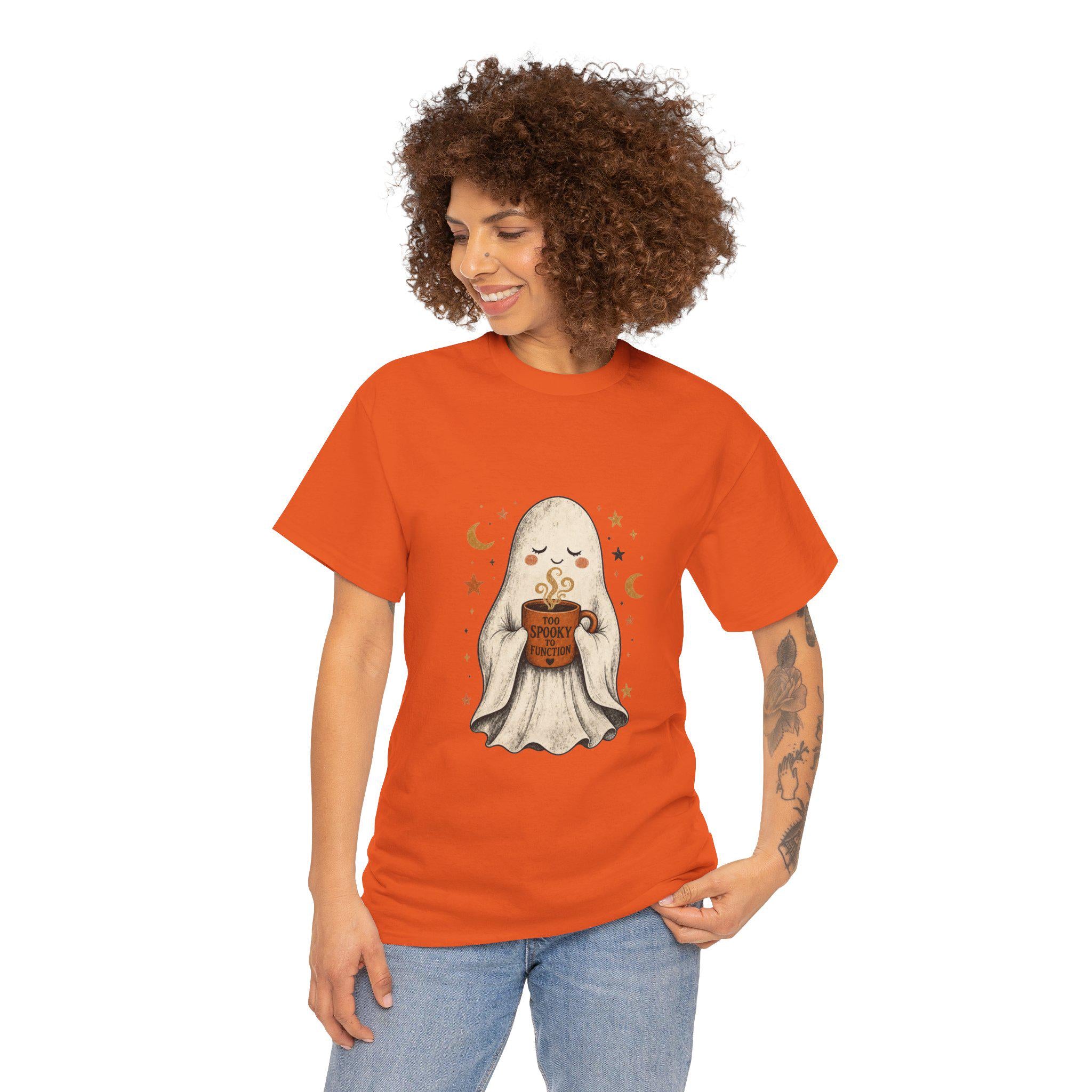 Cozy Ghost Holding Pumpkin Mug Tee | Halloween Cute Ghost Shirt
