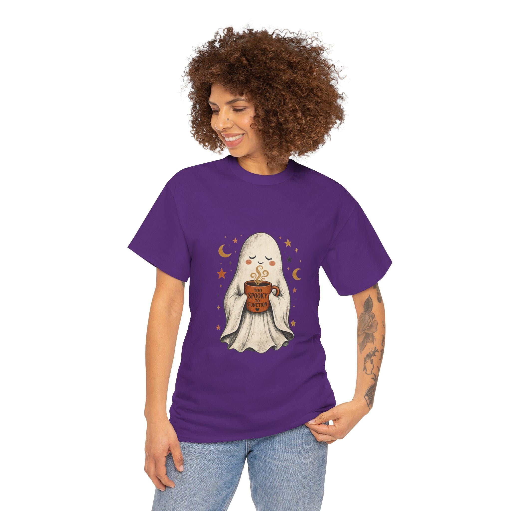 Cozy Ghost Holding Pumpkin Mug Tee | Halloween Cute Ghost Shirt