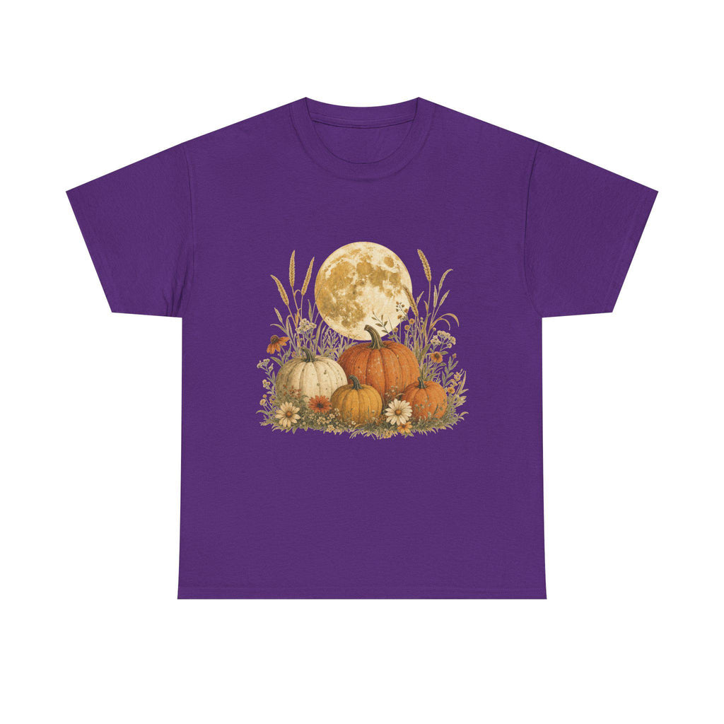 A purple t-shirt with a graphic of a full moon behind a patch of pumpkins, tall grass, and flowers.
