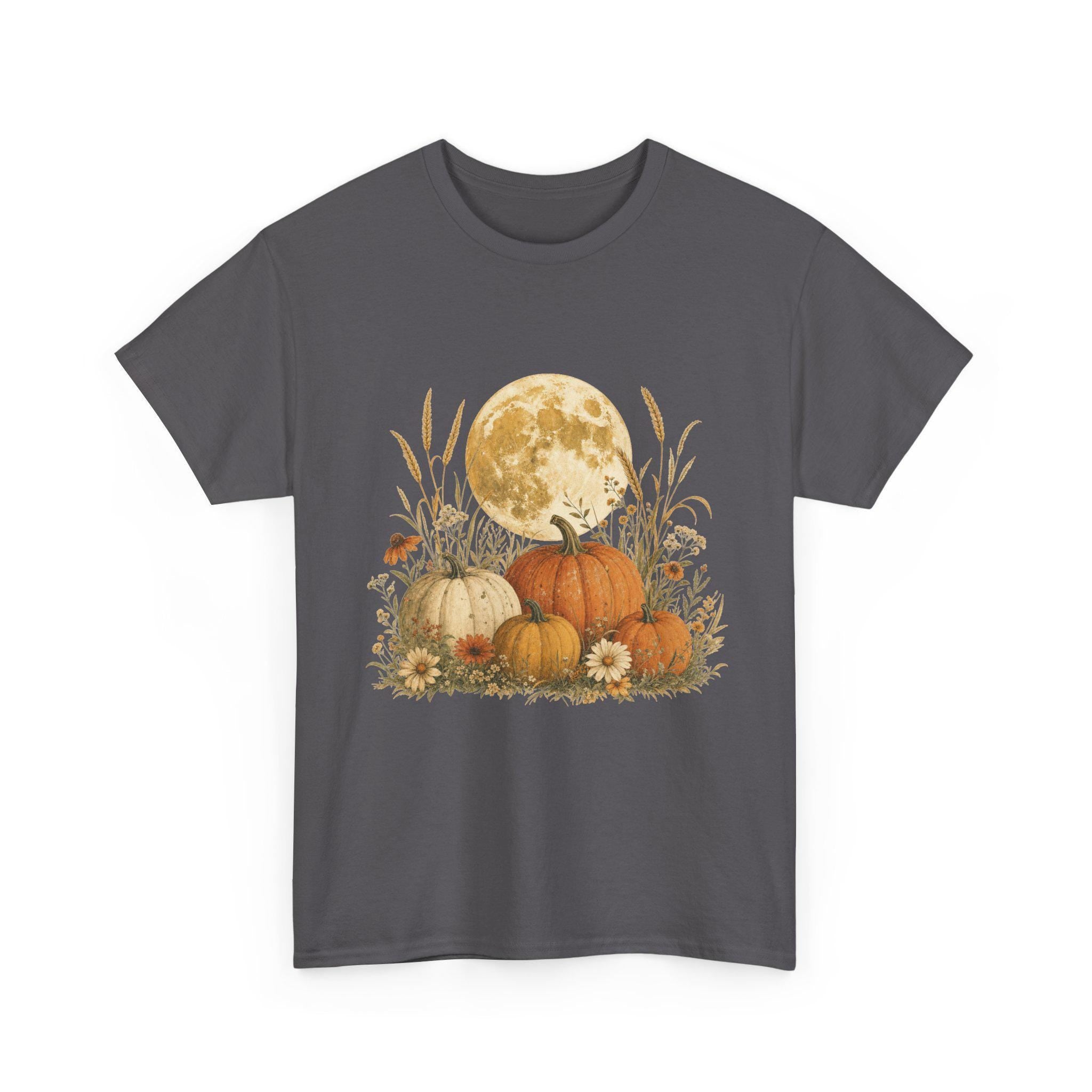 A charcoal gray t-shirt displays a graphic of a large full moon behind a cluster of pumpkins, tall grasses, and small flowers.