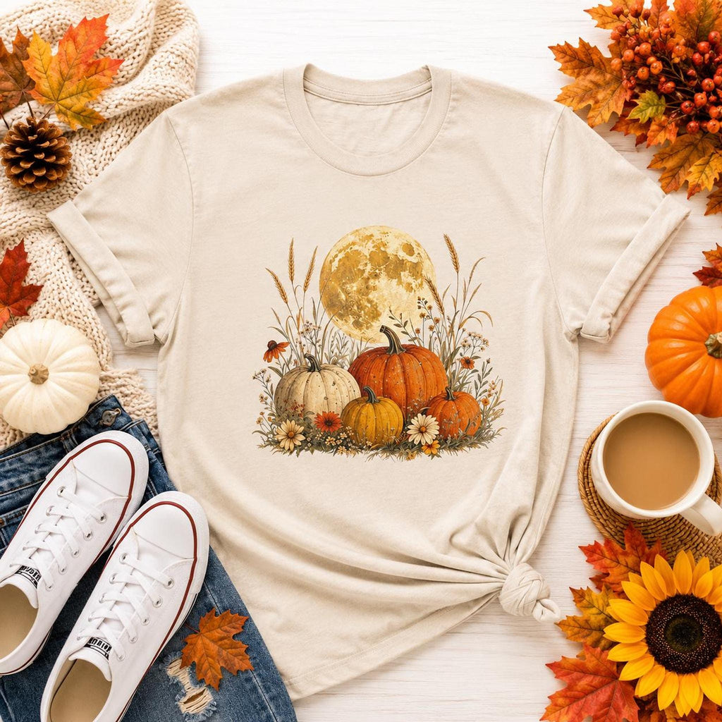 A light beige t-shirt with a graphic of a full moon behind a patch of pumpkins, tall grass, and flowers, surrounded by autumn decor.