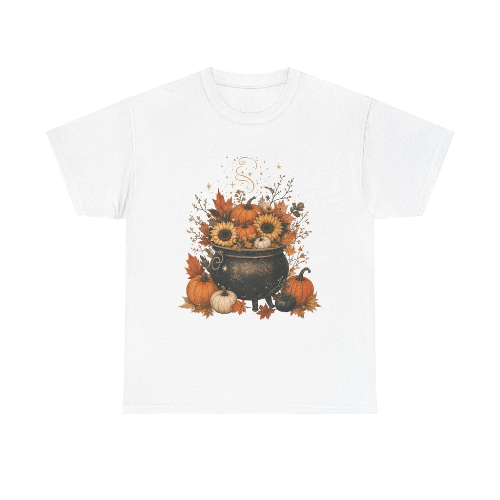 A white short-sleeved t-shirt with a fall-themed graphic of a black cauldron filled with sunflowers, pumpkins, and autumn leaves.