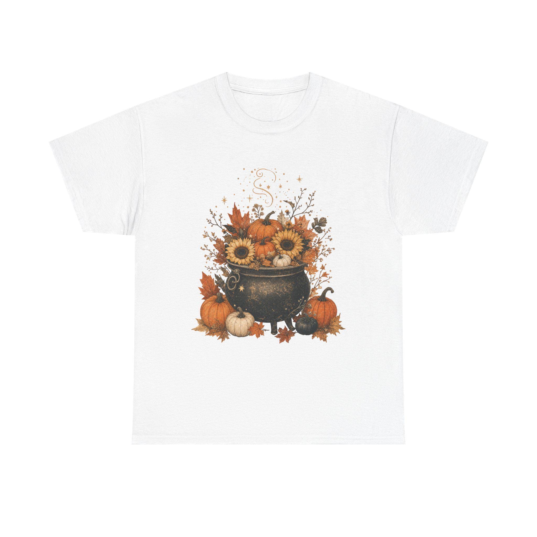 A white short-sleeved t-shirt with a fall-themed graphic of a black cauldron filled with sunflowers, pumpkins, and autumn leaves.