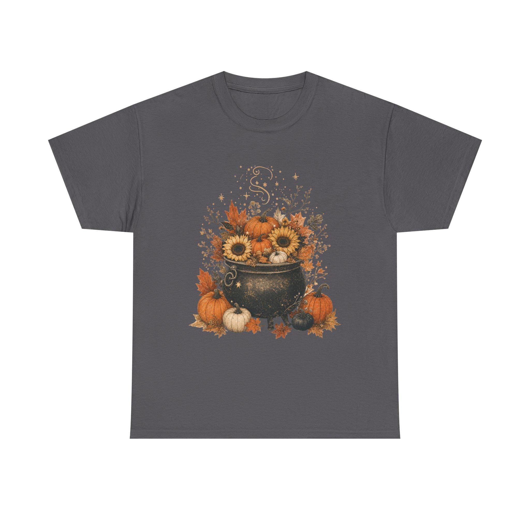 A dark gray short-sleeved t-shirt with a fall-themed graphic of a black cauldron filled with sunflowers, pumpkins, and autumn leaves.