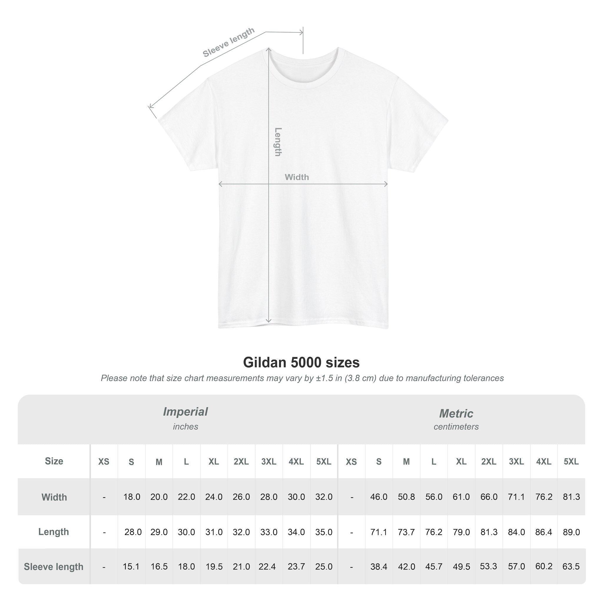 A size chart for Gildan 5000 series t-shirts, showing imperial and metric measurements for width, length, and sleeve length.