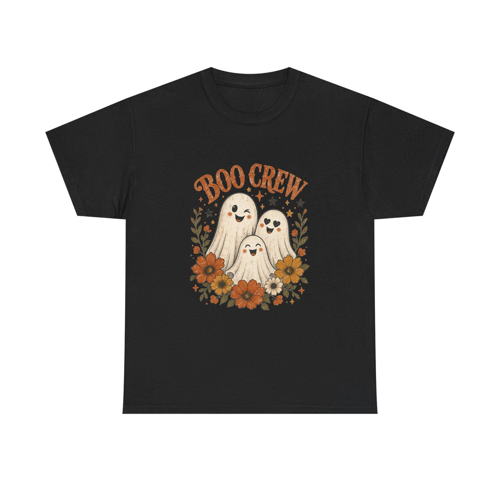 A black t-shirt with a "Boo Crew" graphic featuring three ghosts surrounded by orange and white flowers.