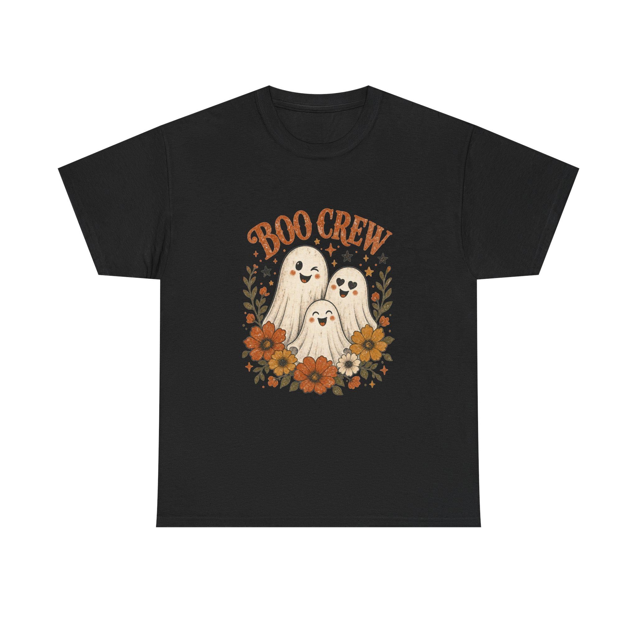 A black t-shirt with a "Boo Crew" graphic featuring three ghosts surrounded by orange and white flowers.