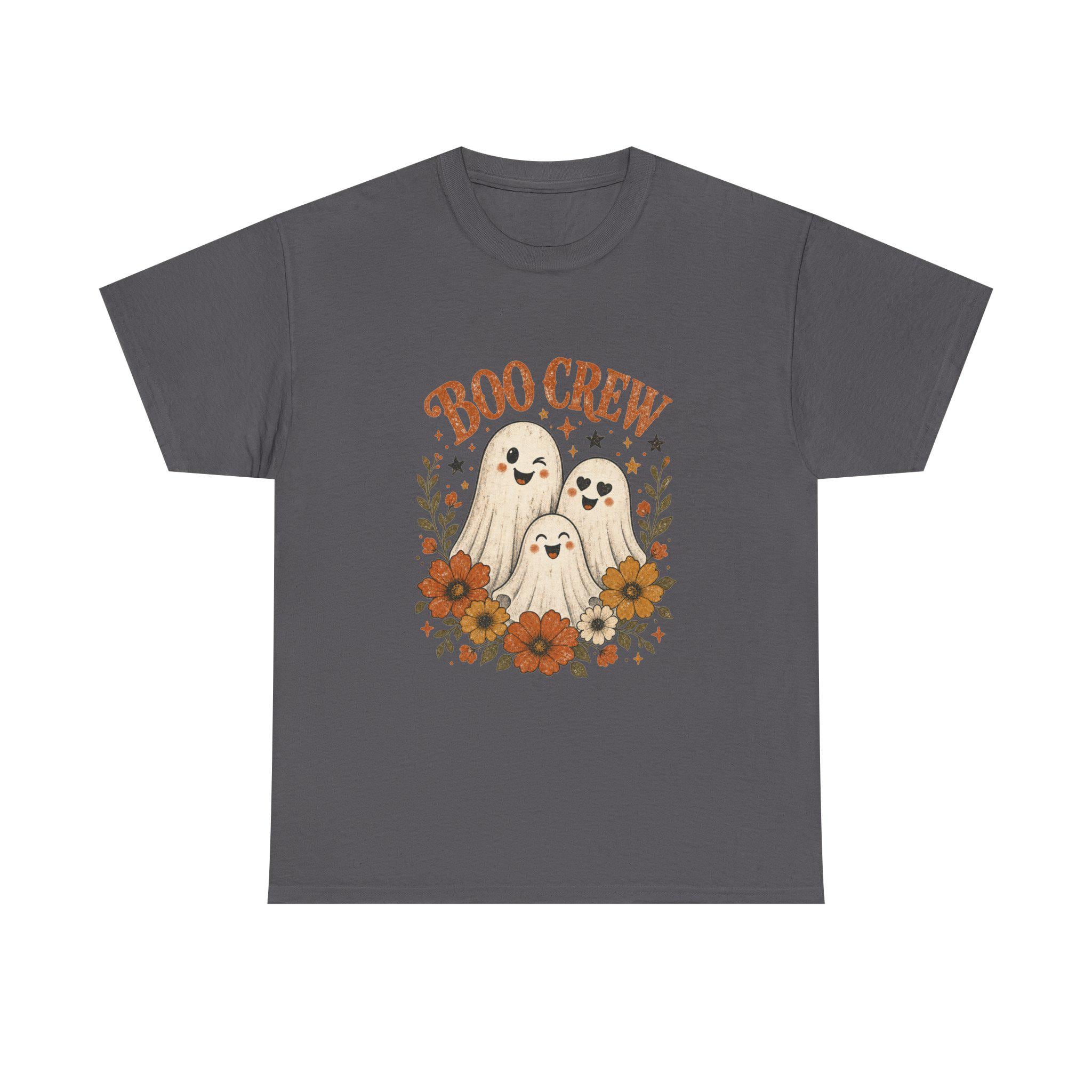 A charcoal gray t-shirt with a "Boo Crew" graphic featuring three ghosts surrounded by orange and white flowers.
