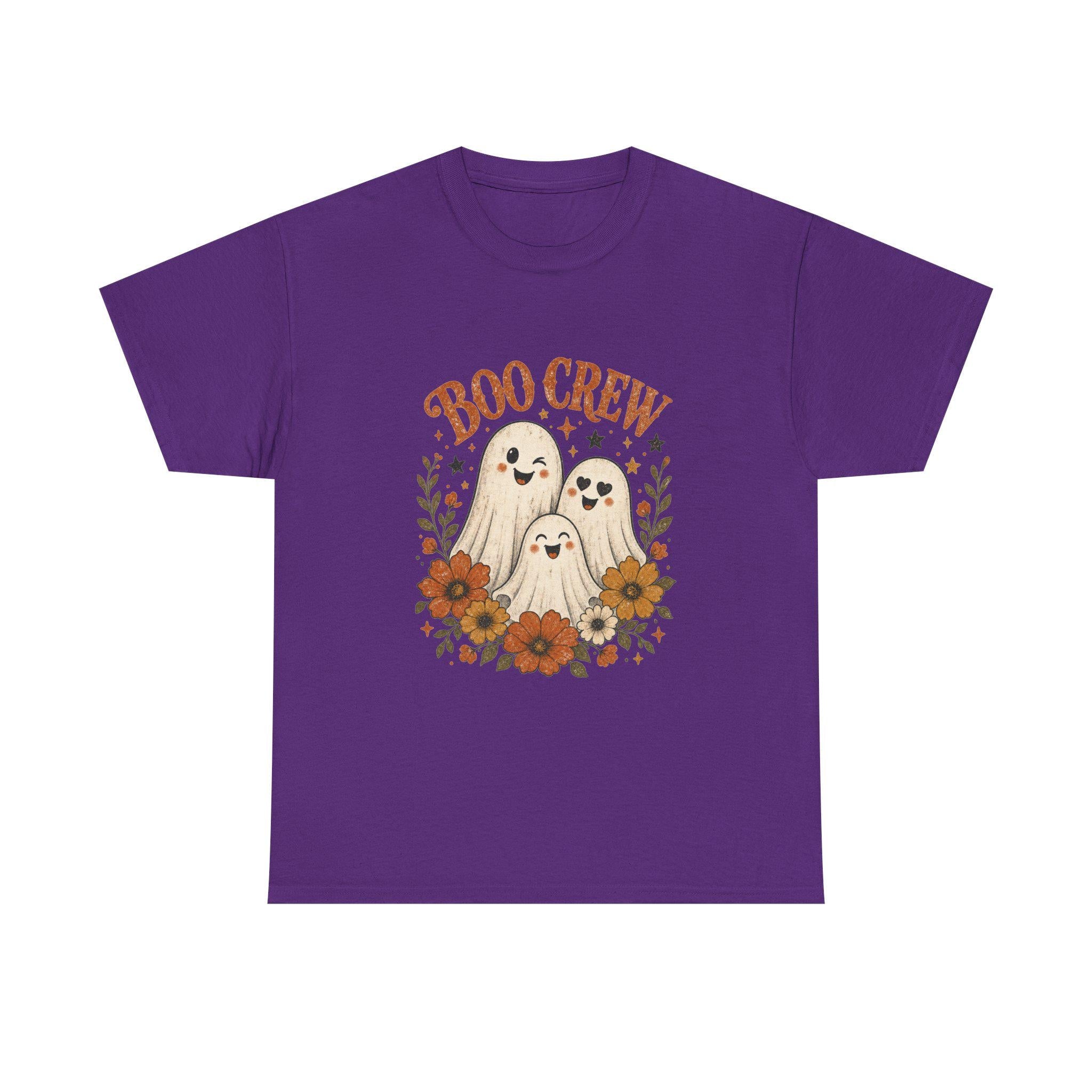 A purple t-shirt with a "Boo Crew" graphic featuring three ghosts surrounded by orange and white flowers.
