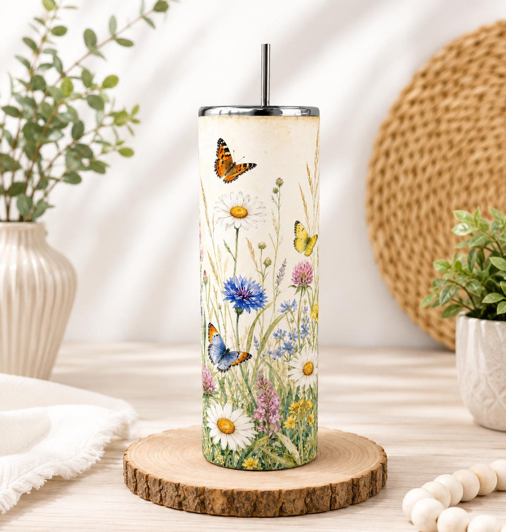 Wildflower Butterfly Tumbler 20oz Skinny, Floral Cottagecore Cup, Gift for Mom, Gift for Her, Nature Lover