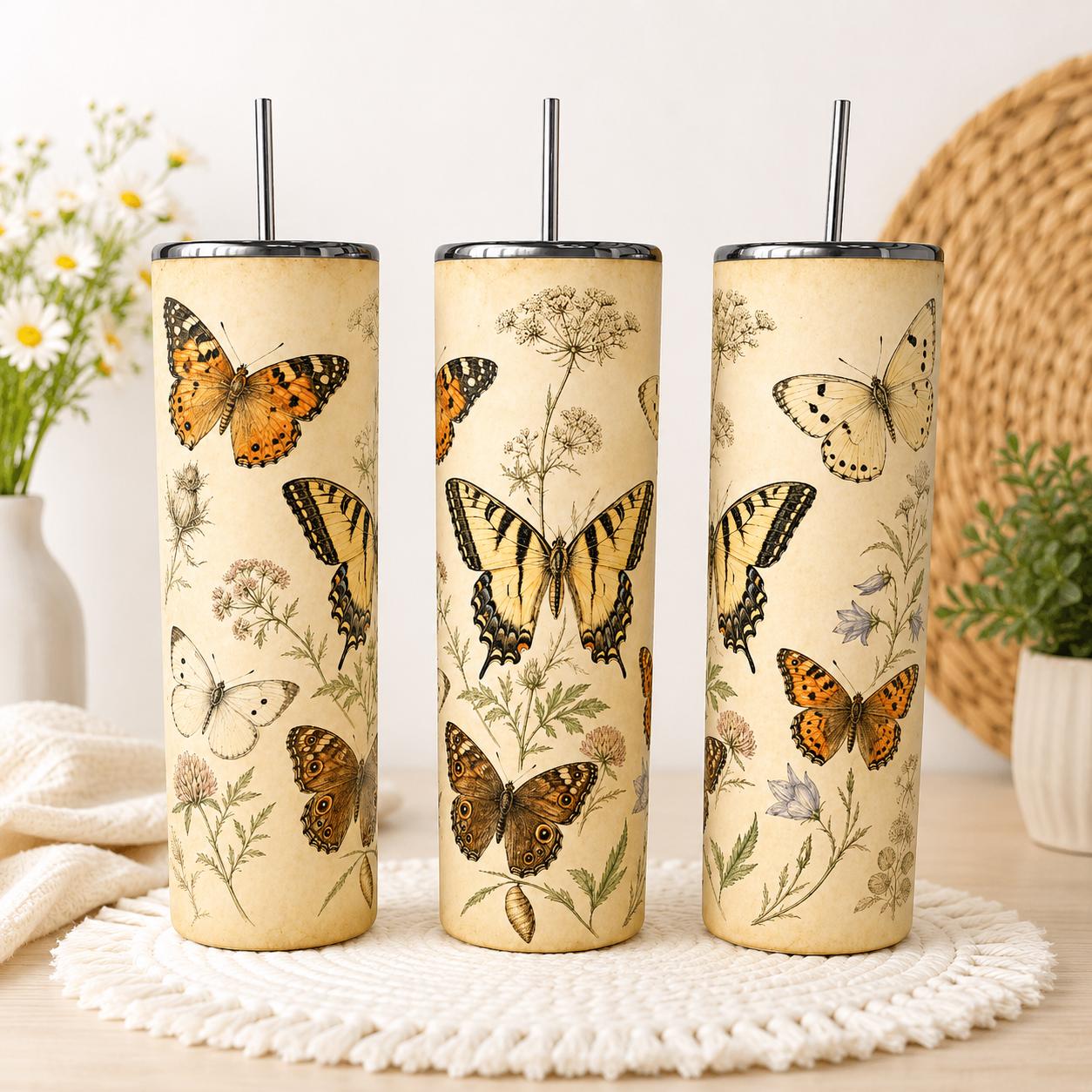 Vintage Butterfly Tumbler 20oz Skinny, Botanical Herbarium Cup, Cottagecore Dark Academia Travel Mug, Nature Lover Gift, Gift for Her, Mom