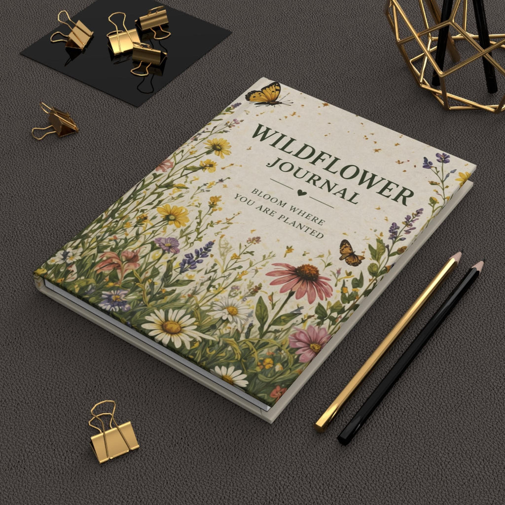 A journal with a wildflower cover design resting on a dark surface, accompanied by gold paper clips and two pencils.