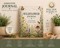 A hardcover journal with a wildflower cover design, surrounded by promotional text and graphics on a light background.
