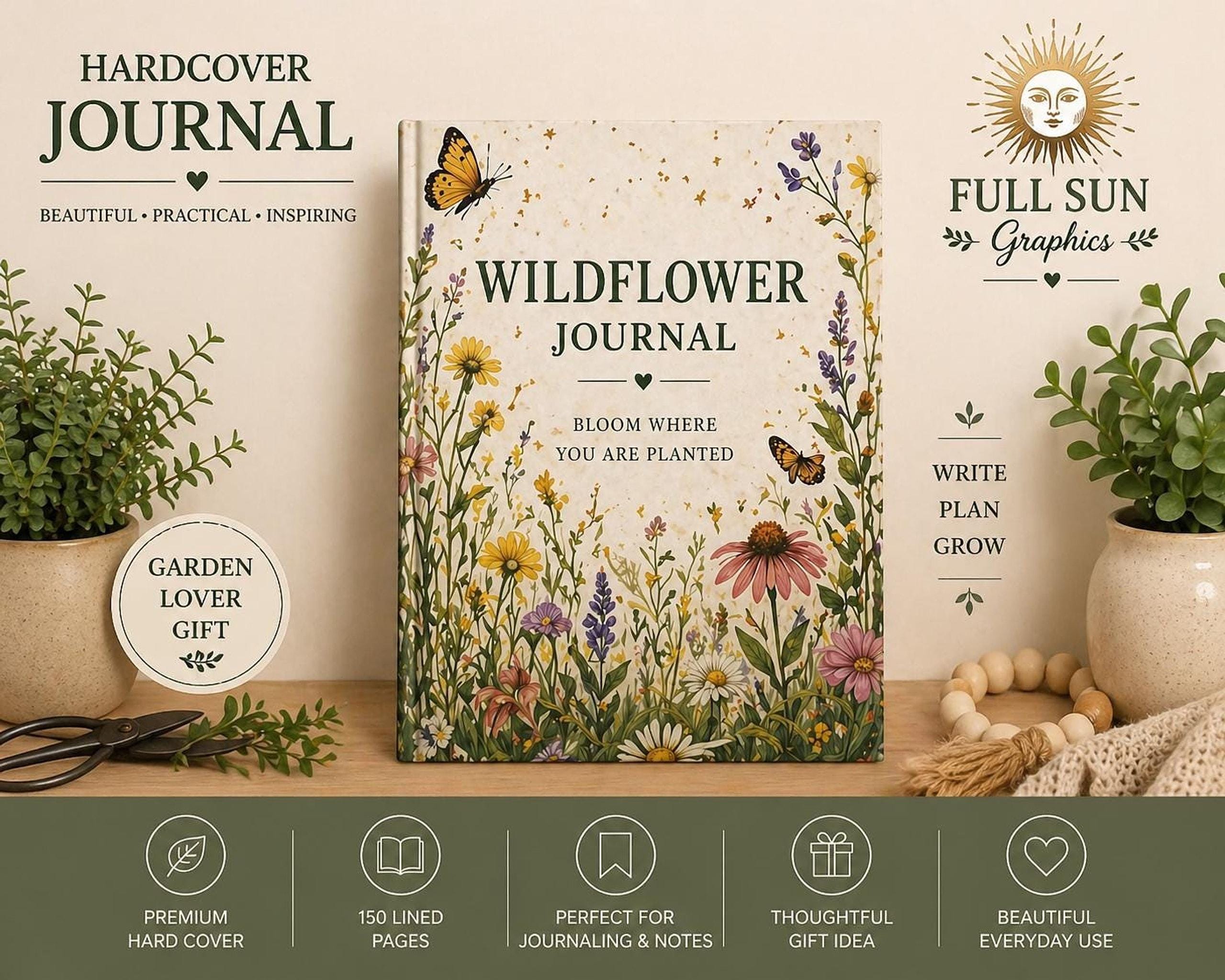 A hardcover journal with a wildflower cover design, surrounded by promotional text and graphics on a light background.