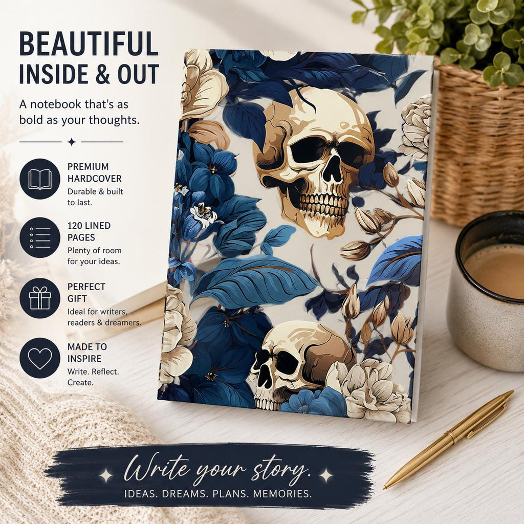 Skull Floral Hardcover Journal | Moody Botanical Notebook, Gothic Dark Floral Diary Gift for Her