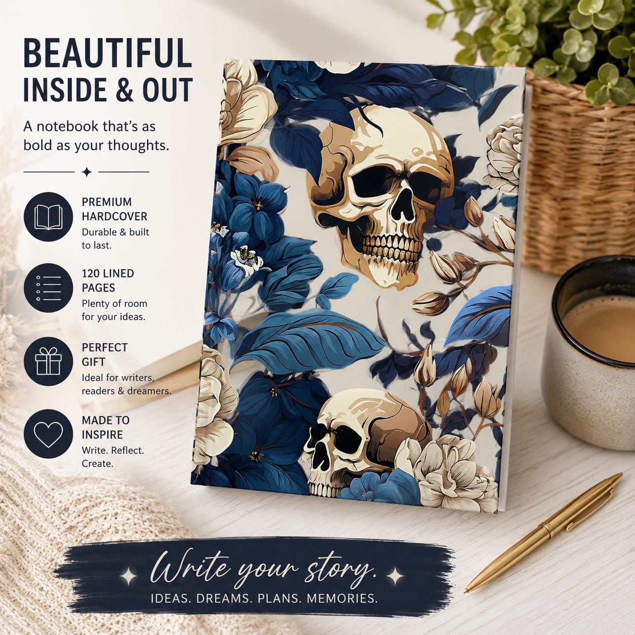 Skull Floral Hardcover Journal | Moody Botanical Notebook, Gothic Dark Floral Diary Gift for Her
