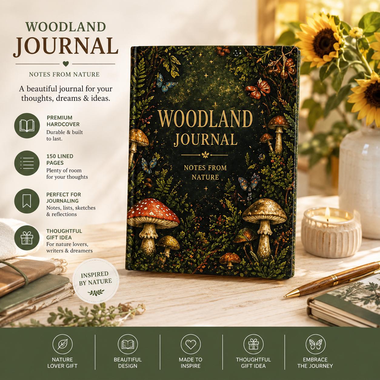 Woodland Journal Hardcover Journal | Notes From Nature, Mushroom Forest Design,Plant lover Gift
