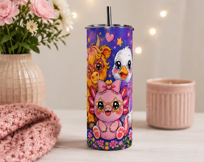 Highland Cow Tumbler |Kawaii Floral Girly Cup | Farm Animal Gift for Her