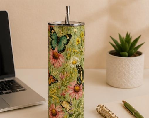Butterfly Garden Tumbler, Floral Butterfly Cup, Wildflower Skinny Tumbler, Cottagecore Tumbler, Nature Gift,
