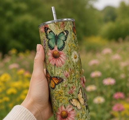 Butterfly Garden Tumbler, Floral Butterfly Cup, Wildflower Skinny Tumbler, Cottagecore Tumbler, Nature Gift,