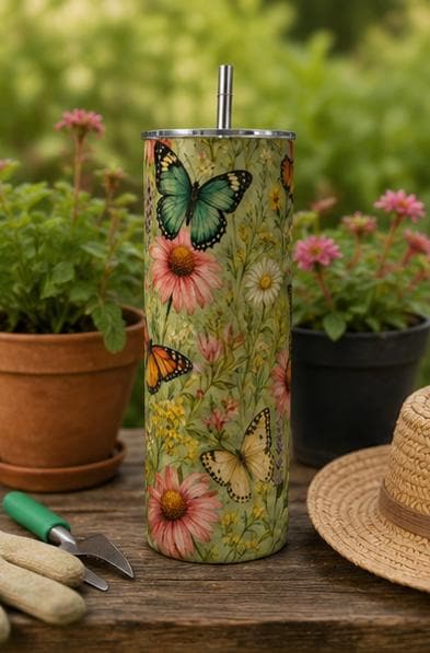 Butterfly Garden Tumbler, Floral Butterfly Cup, Wildflower Skinny Tumbler, Cottagecore Tumbler, Nature Gift,