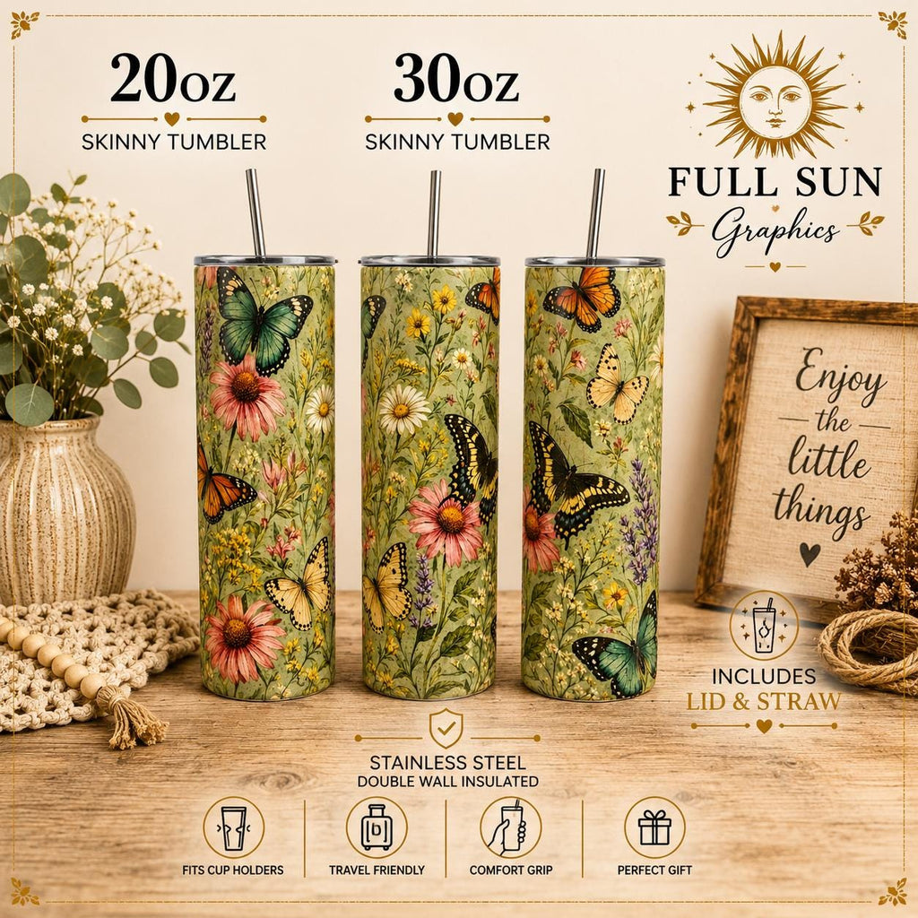 Butterfly Garden Tumbler, Floral Butterfly Cup, Wildflower Skinny Tumbler, Cottagecore Tumbler, Nature Gift,