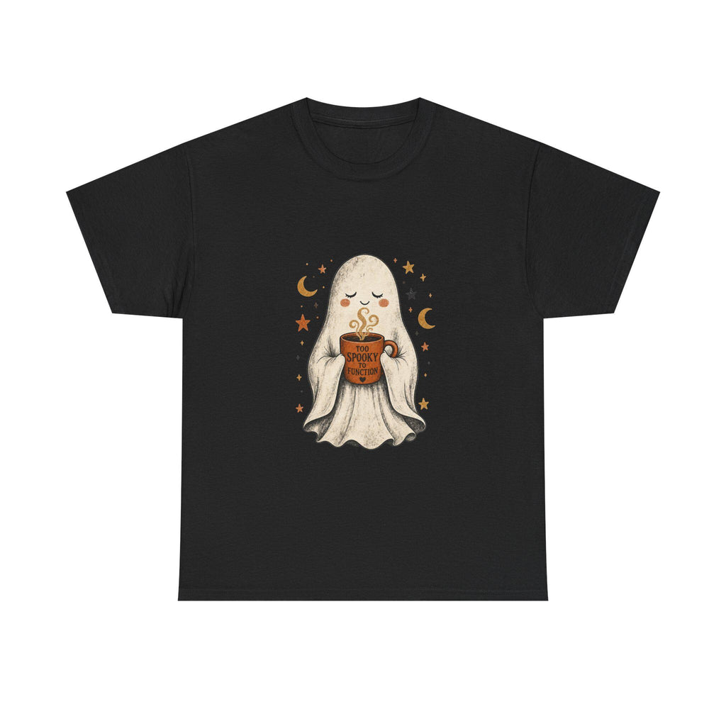 Cozy Ghost Holding Pumpkin Mug Tee | Halloween Cute Ghost Shirt