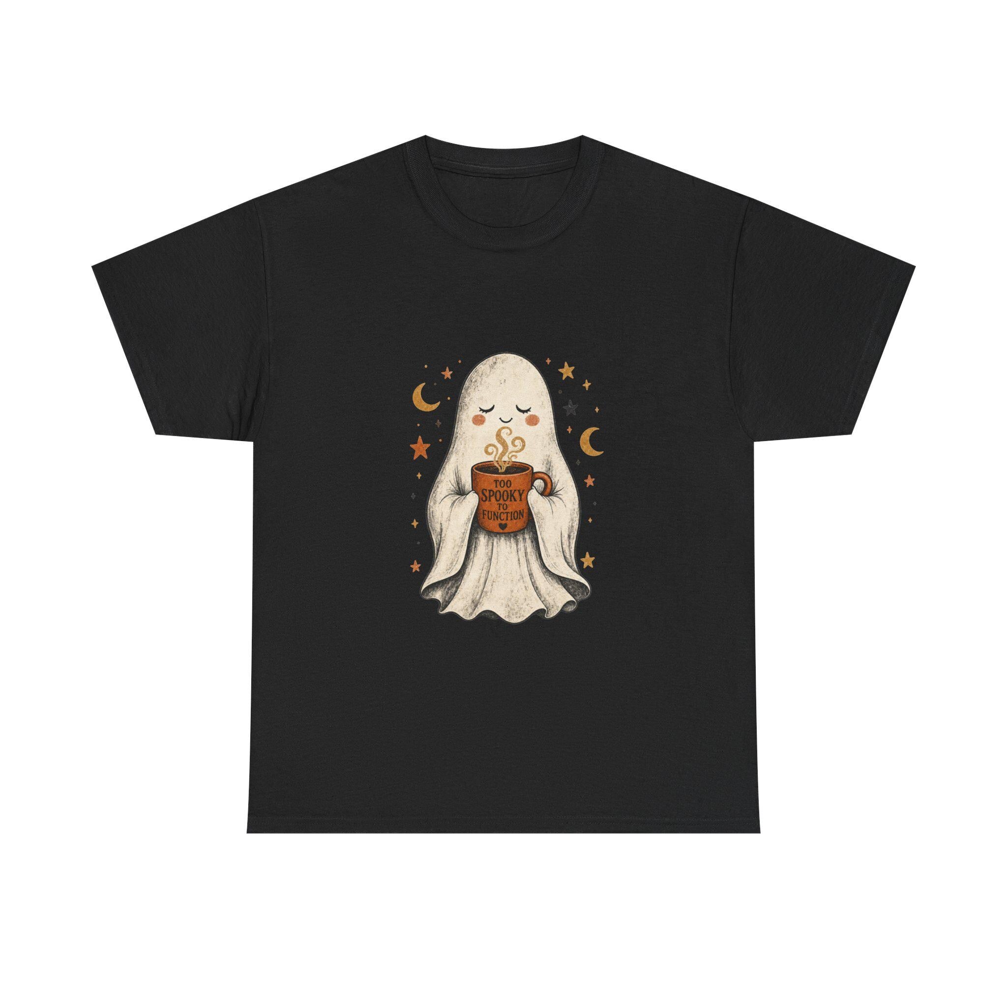 Cozy Ghost Holding Pumpkin Mug Tee | Halloween Cute Ghost Shirt