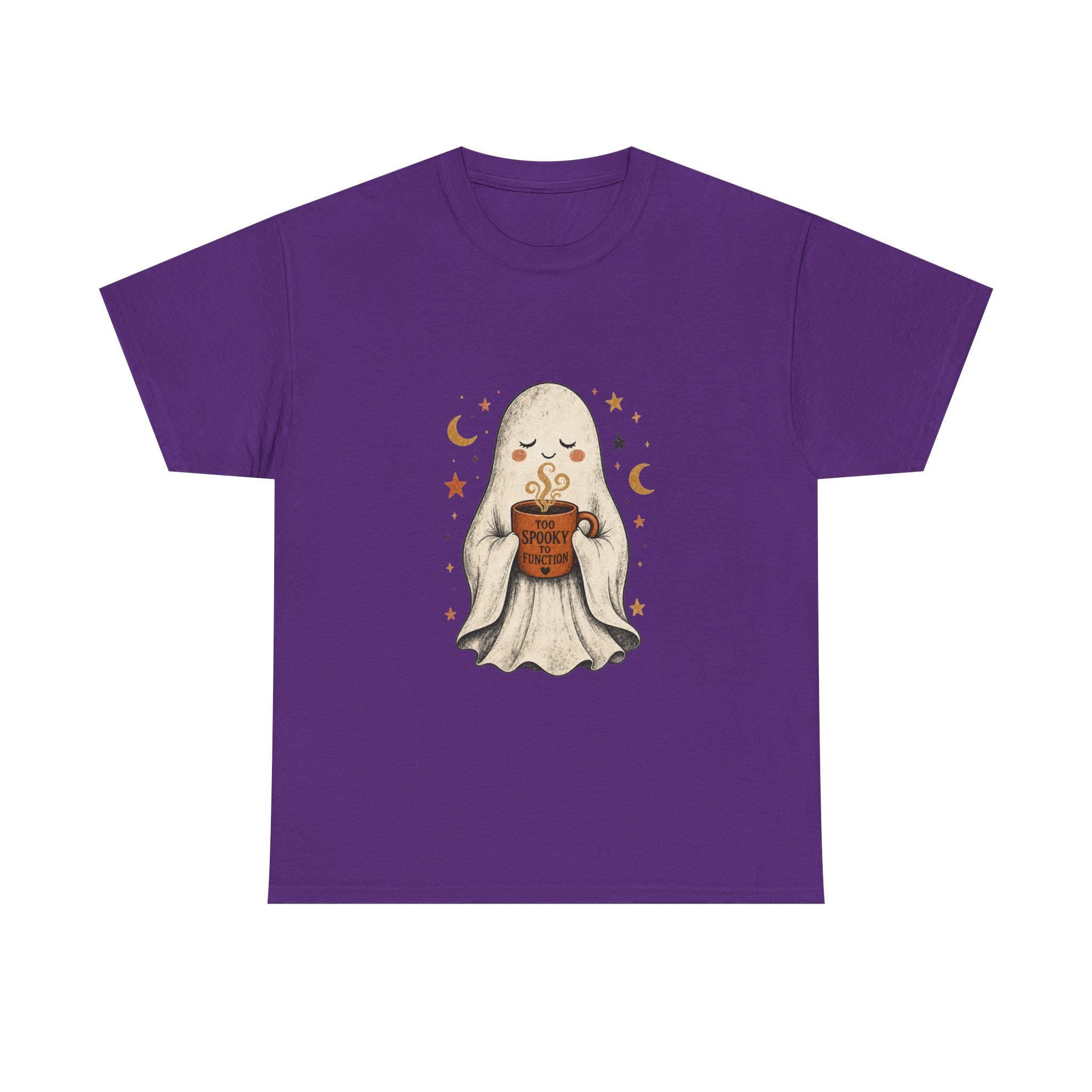 Cozy Ghost Holding Pumpkin Mug Tee | Halloween Cute Ghost Shirt