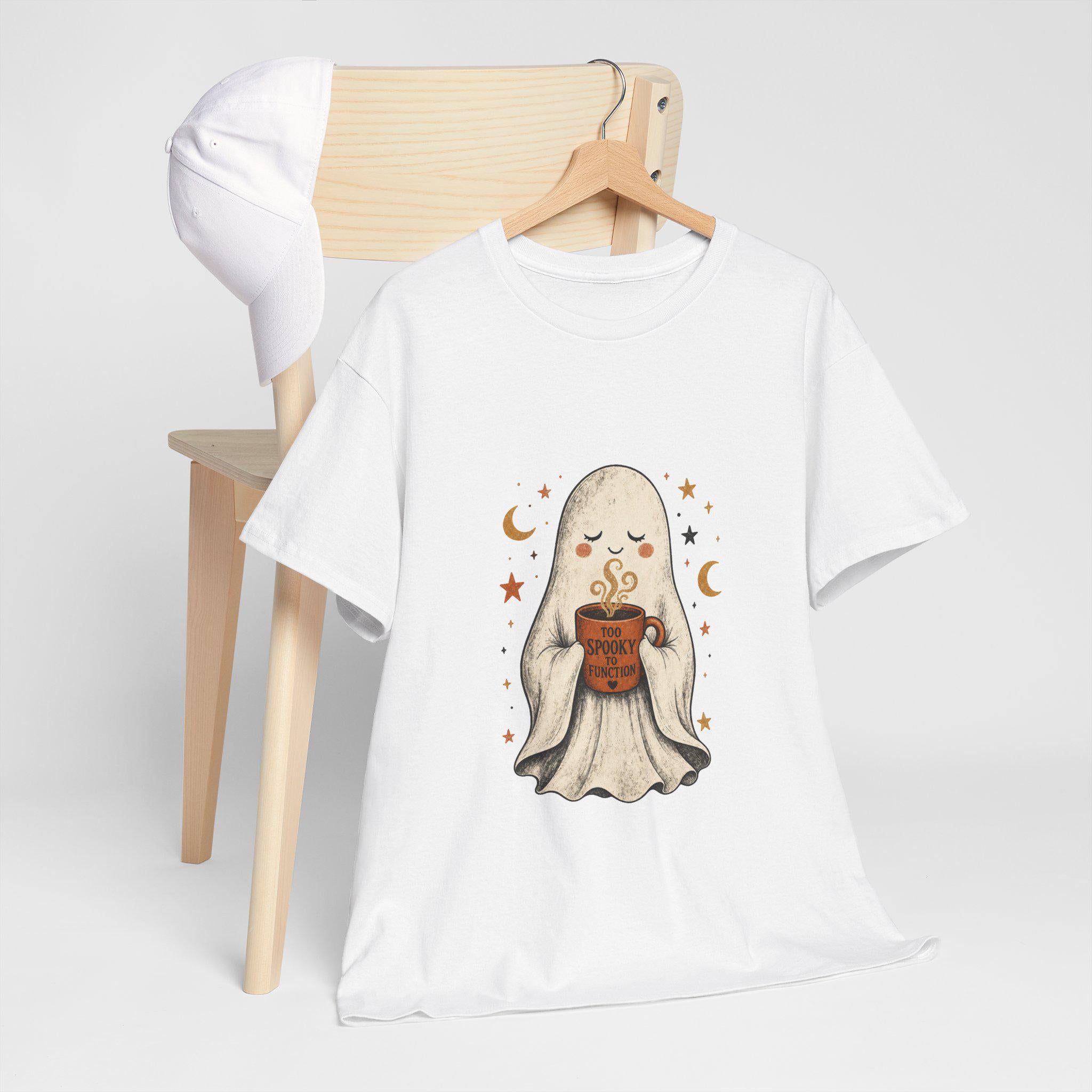 Cozy Ghost Holding Pumpkin Mug Tee | Halloween Cute Ghost Shirt