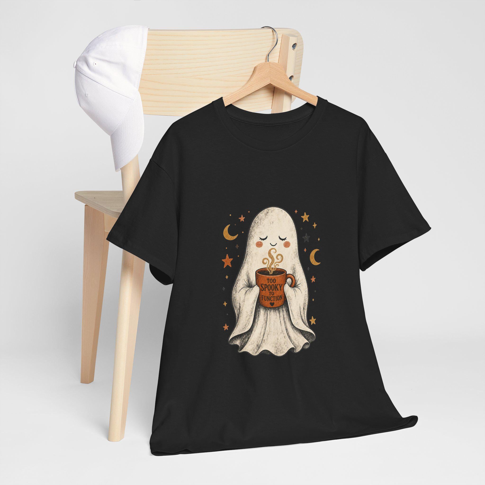 Cozy Ghost Holding Pumpkin Mug Tee | Halloween Cute Ghost Shirt