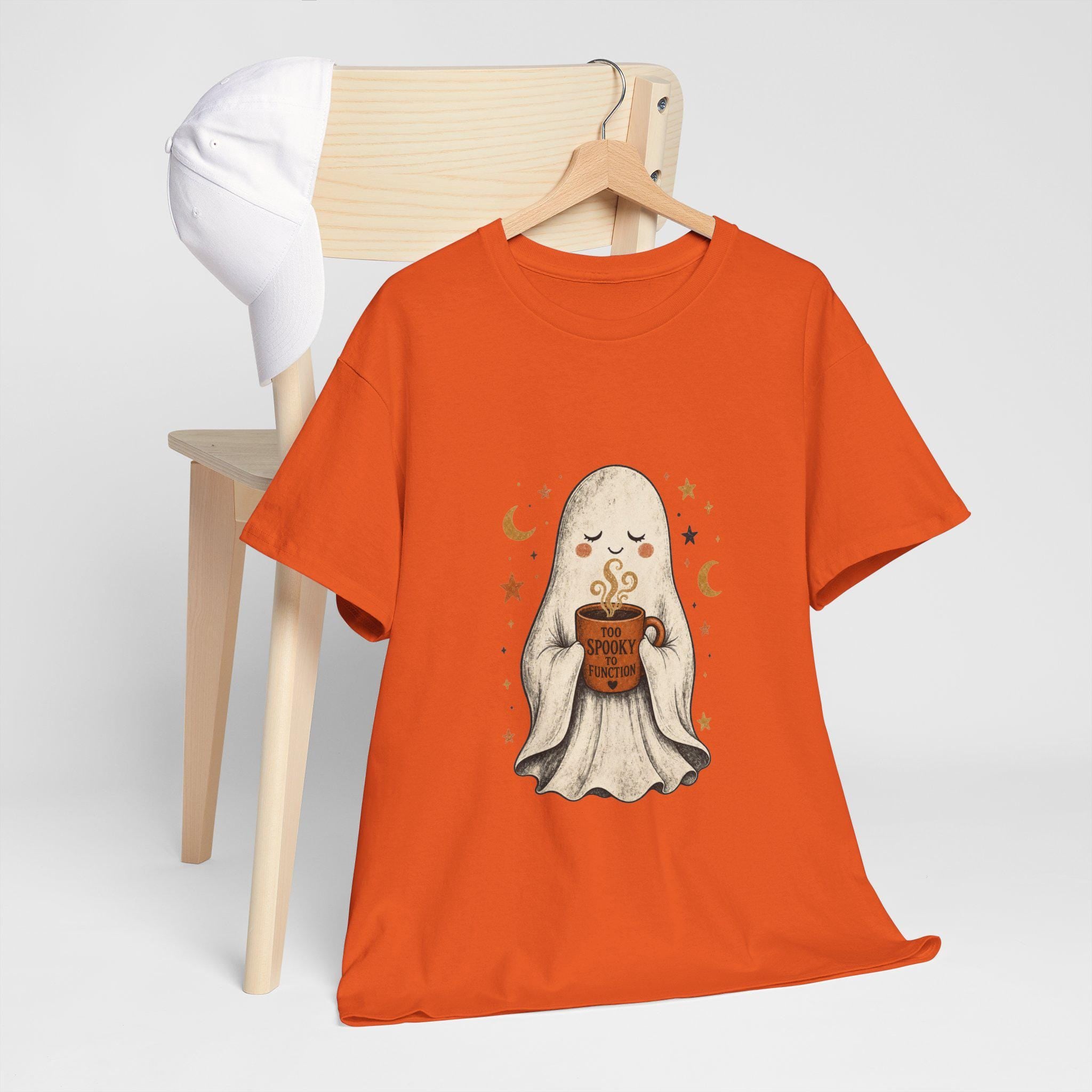 Cozy Ghost Holding Pumpkin Mug Tee | Halloween Cute Ghost Shirt