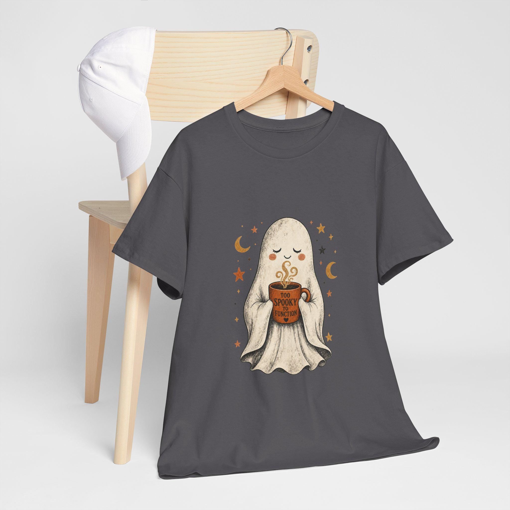 Cozy Ghost Holding Pumpkin Mug Tee | Halloween Cute Ghost Shirt