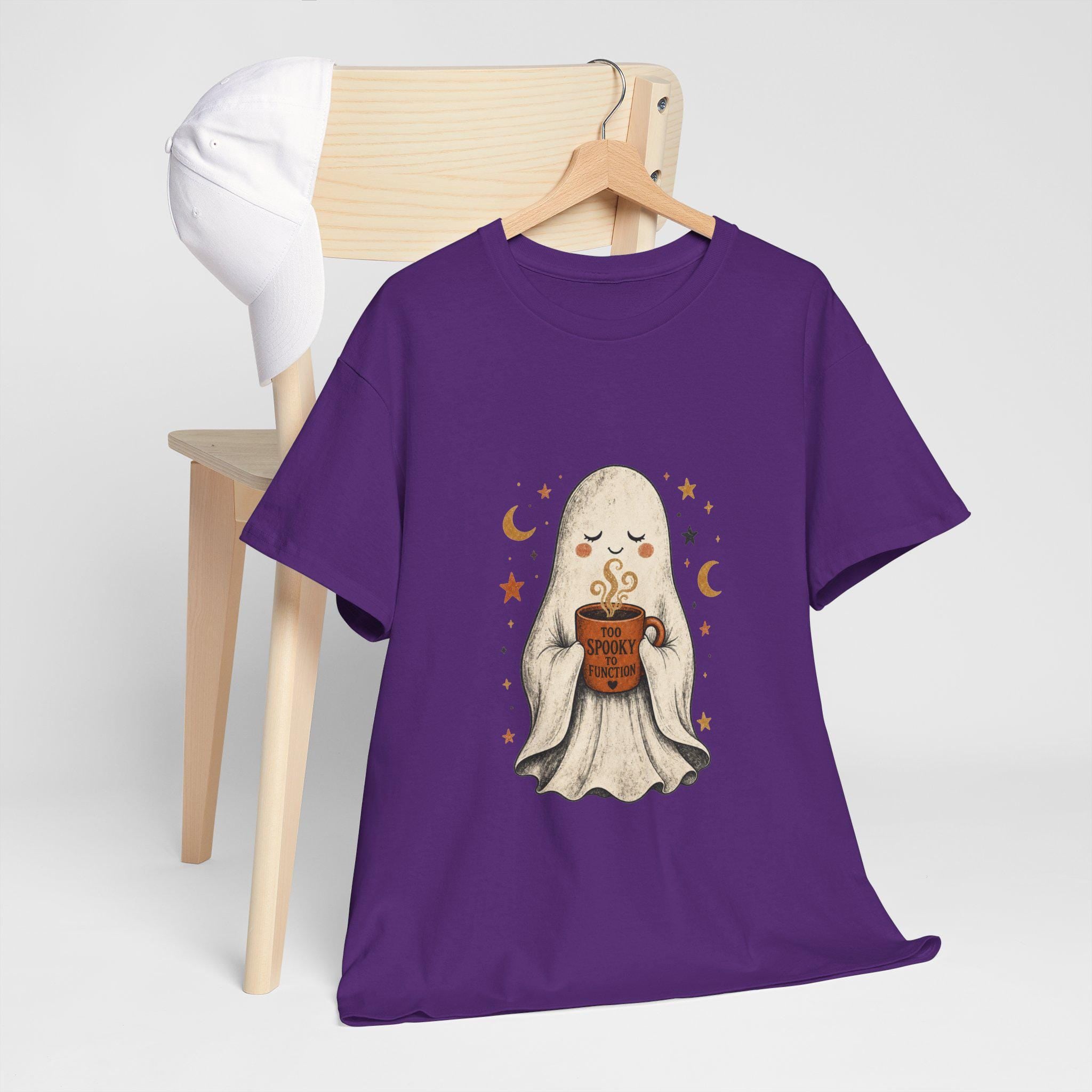 Cozy Ghost Holding Pumpkin Mug Tee | Halloween Cute Ghost Shirt