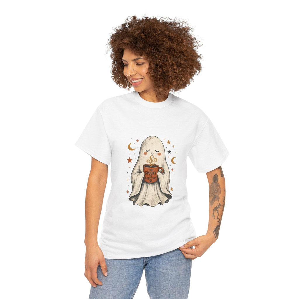 Cozy Ghost Holding Pumpkin Mug Tee | Halloween Cute Ghost Shirt